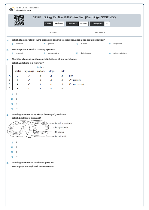 0610/11 Biology Oct Nov 2010 Online Test | Cambridge IGCSE MCQ
