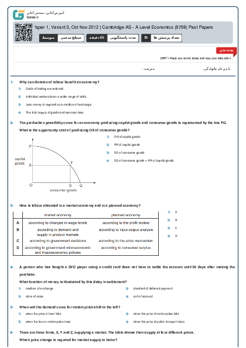 9708/13 Economics Oct Nov 2012 Online Test | Cambridge AS and A Level MCQ