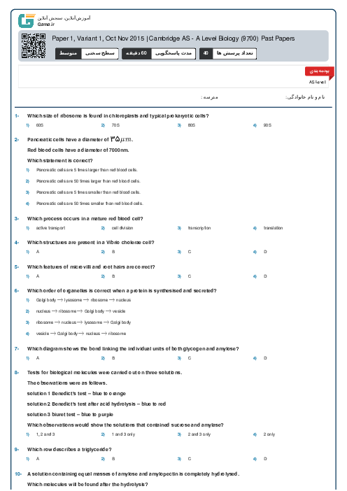 9700/11 Biology Oct Nov 2015 Online Test | Cambridge AS and A Level MCQ