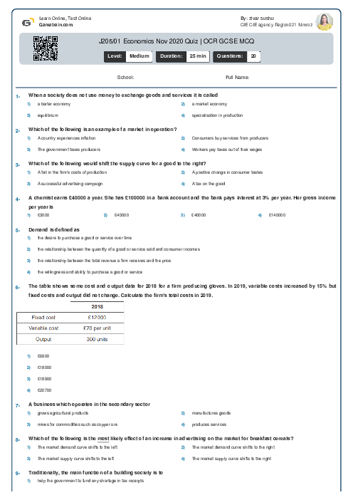  J205/01 Economics Nov 2020 Quiz | OCR GCSE MCQ