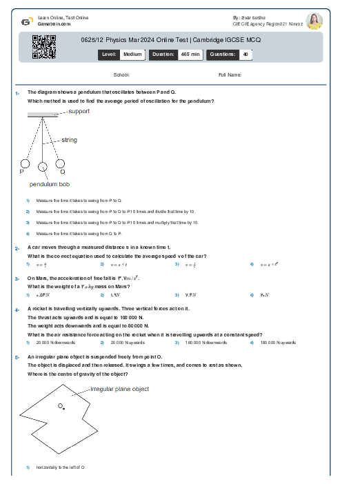 0625/12 Physics Mar 2024 Online Test | Cambridge IGCSE MCQ