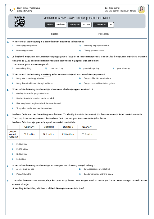  J204/01 Business Jun 2019 Quiz | OCR GCSE MCQ