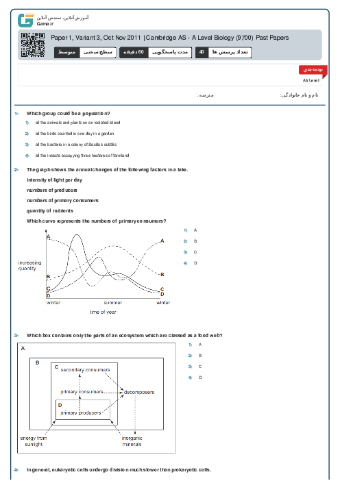 9700/13 Biology Oct Nov 2011 Online Test | Cambridge AS and A Level MCQ