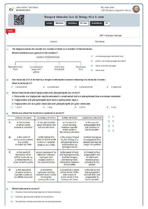 Biological Molecules Quiz (6) Biology AS Level