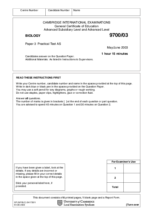 Biology 9700/02 May June 2003 | Cambridge AS Level Past Papers With Mark Scheme