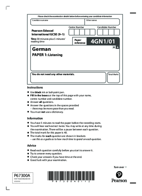  German 4GN1/01 June  2021 | Edexcel  IGCSE Past Papers With Mark Scheme