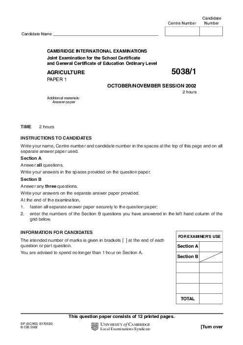 Agriculture 5038/01 Oct Nov 2002