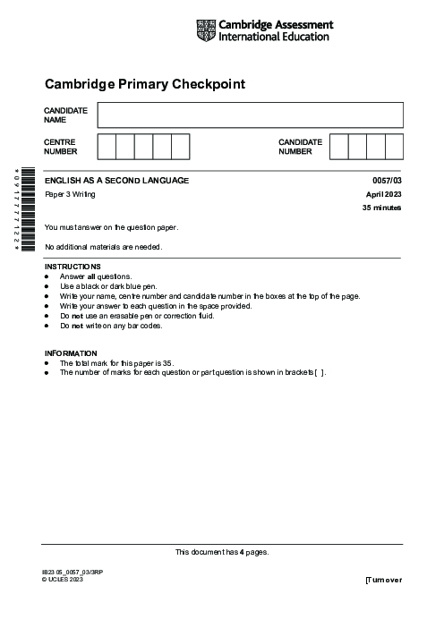 ENGLISH AS A SECOND LANGUAGE 0057,03 April 2023 | Cambridge Primary Checkpoint Past Papers with Mark Schemes