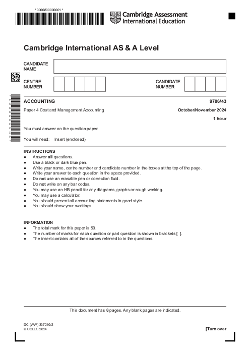 Accounting 9706,43 Oct Nov 2024 | Cambridge AS - A Level Past Papers With Mark Scheme