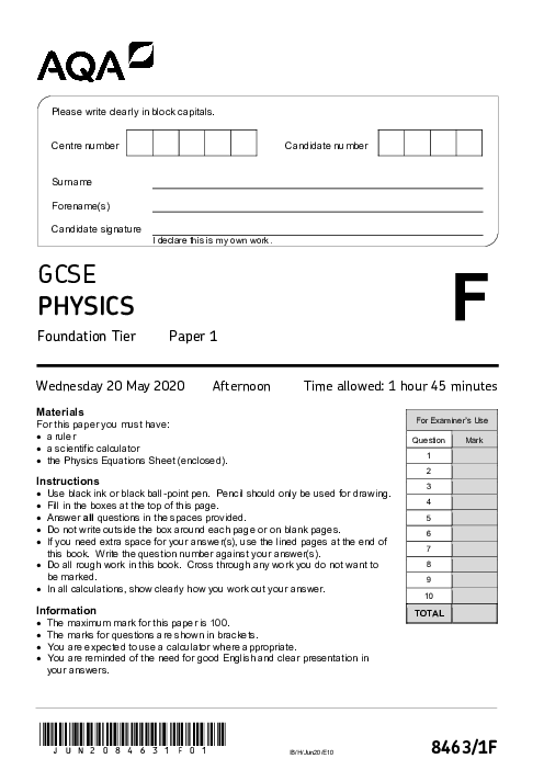 Physics 8463/1F June 2020