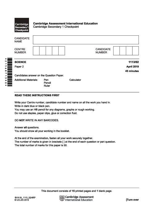 SCIENCE 1113,02 April 2019 | Cambridge Lower secondary Checkpoint Past Papers with Mark Schemes