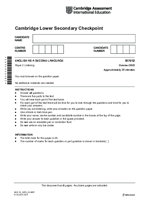 ENGLISH AS A SECOND LANGUAGE 0876,02 October 2023 | Cambridge Lower secondary Checkpoint Past Papers with Mark Schemes 