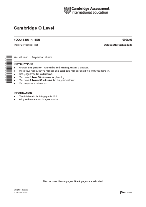 Food & Nutrition 6065/02 Oct Nov 2020