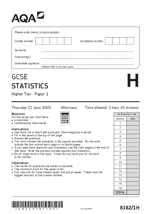 Statistics 8382/1H June 2020