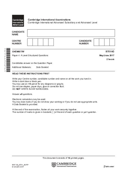 Chemistry 9701/11 Oct Nov 2017 | Cambridge AS Level Past Papers With Mark Scheme