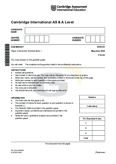 Chemistry 9701/31 May June 2024 | Cambridge AS Level Past Papers With Mark Scheme