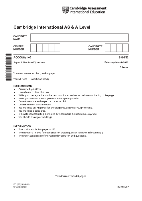 Accounting 9706/22 March 2022 | Cambridge AS Level Past Papers With Mark Scheme