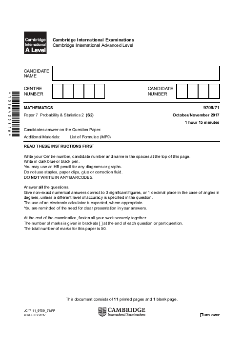Mathematics 9709/71 Oct Nov 2017 | Cambridge AS & A Level Past Papers With Mark Scheme