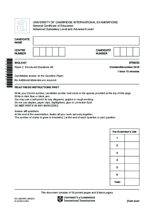 Paper 2, Variant 1, Oct Nov 2010 | Cambridge AS - A Level Biology (9700) Past Papers