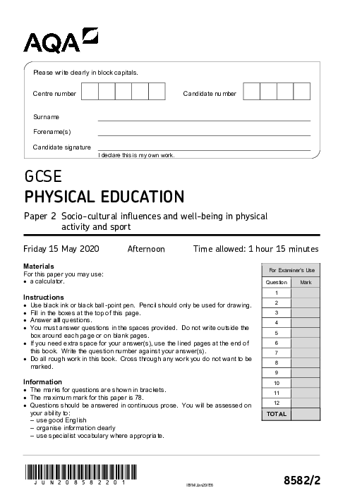 Physical Education 8582/2 June 2020