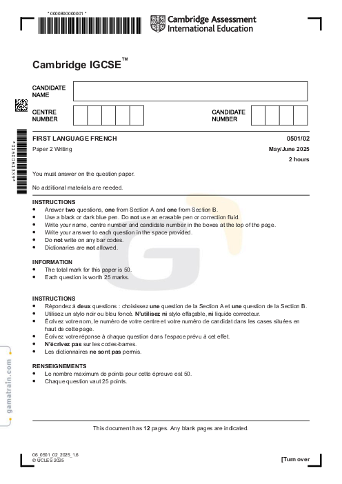 French First Language 0501/02 May June 2025