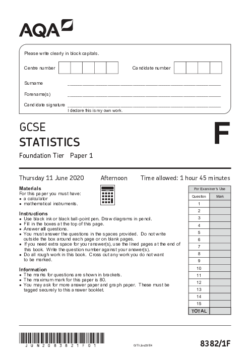 Statistics 8382/1F June 2020