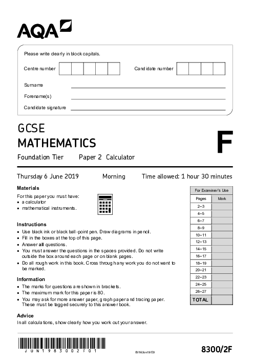Mathematics 8300/2F June 2019