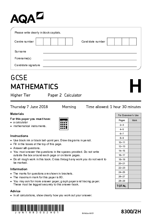 Mathematics 8300/2H June 2018