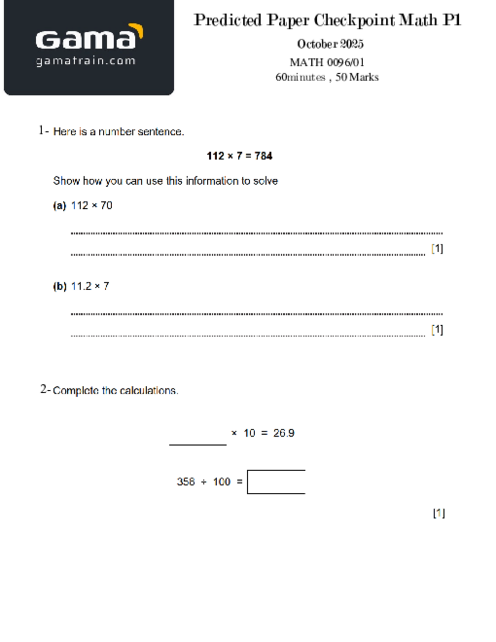 Free Predicted Paper Checkpoint Math(0096) Paper 1 for October 2025