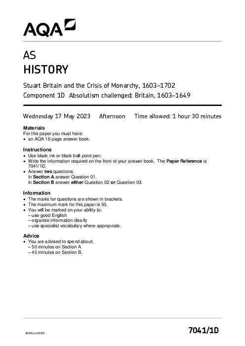 History 7041 Paper 1D June 2023, AQA AS-Level Past Papers with Mark Schemes