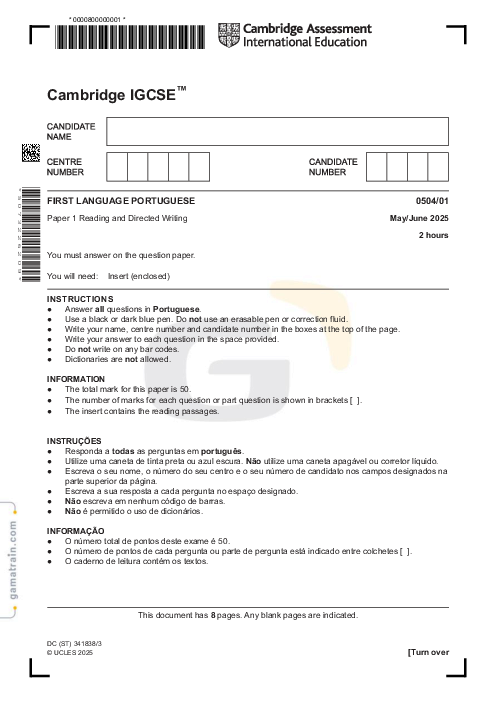 Portuguese First Language 0504/01 May June 2025