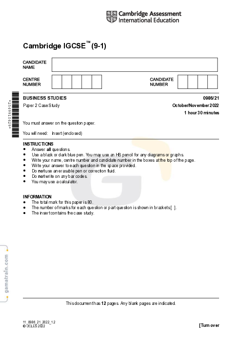 Business Studies 0986/21 Oct Nov 2022