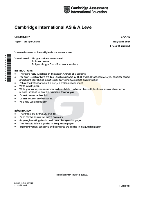 Chemistry 9701/12 May June 2024 | Cambridge AS Level Past Papers With Mark Scheme