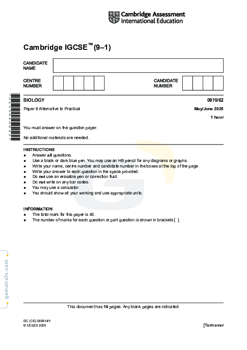 Biology 0970/62 May June 2025