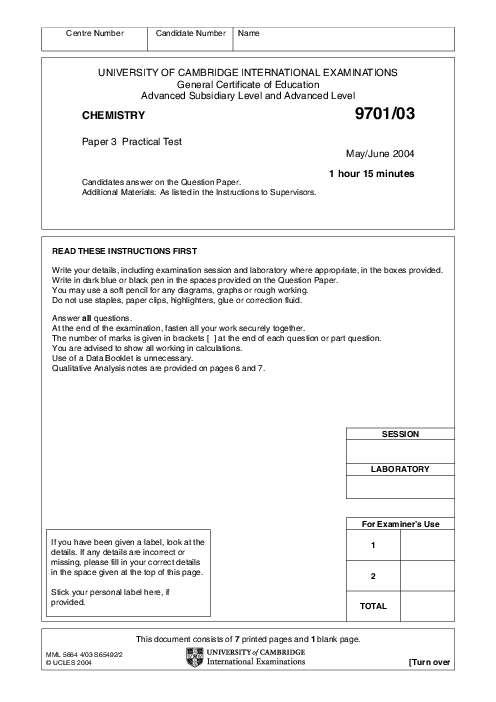 Chemistry 9701/01 May June 2004 | Cambridge AS Level Past Papers With Mark Scheme