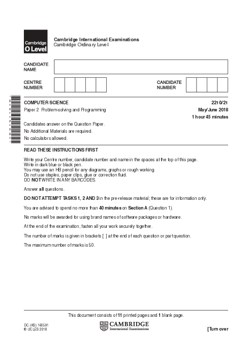  Computer Science 2210/12 May June 2018 | Cambridge O-Level Past Papers With Mark Scheme