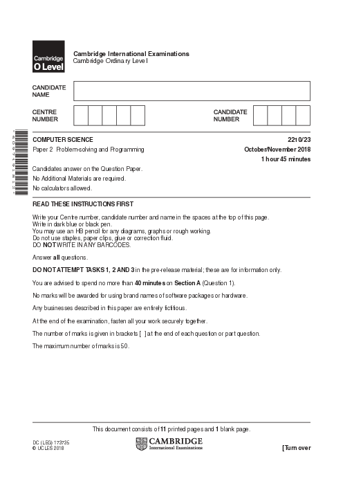  Computer Science 2210/13 Oct Nov 2018 | Cambridge O-Level Past Papers With Mark Scheme