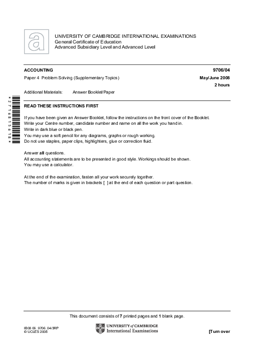 Accounting 9706/04 Oct Nov 2007 | Cambridge AS Level Past Papers With Mark Scheme