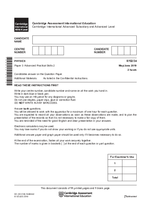 Paper 3, Variant 4, May June 2019 | Cambridge AS - A Level Physics (9702) Past Papers