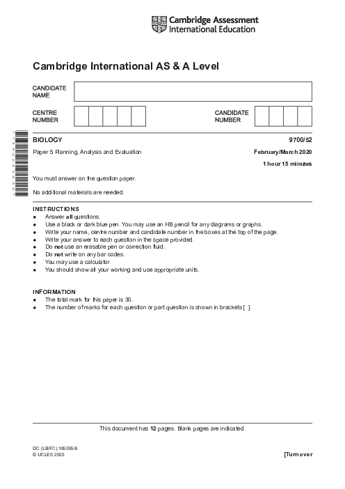 Paper 5, Variant 2, March 2020 | Cambridge AS - A Level Biology (9700) Past Papers