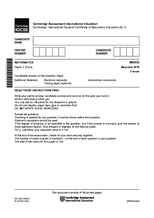 Paper 3, Variant 2, May June 2019 | Cambridge 9–1 GCSE  Mathematics (0980) Past Papers