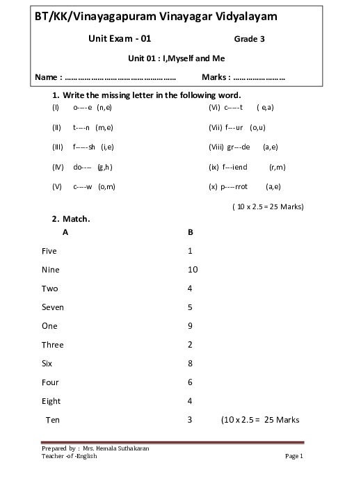 Grade 3 Unit Exam Papers - English & General Knowledge