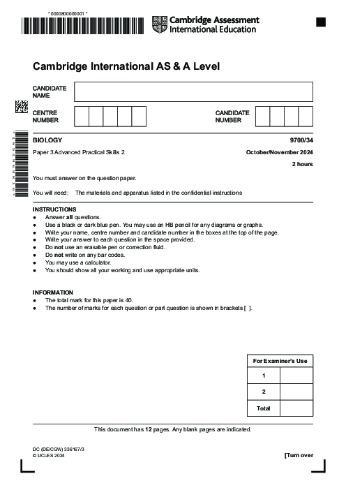 Biology 9700,34 Oct Nov 2024 | Cambridge AS - A Level Past Papers With Mark Scheme