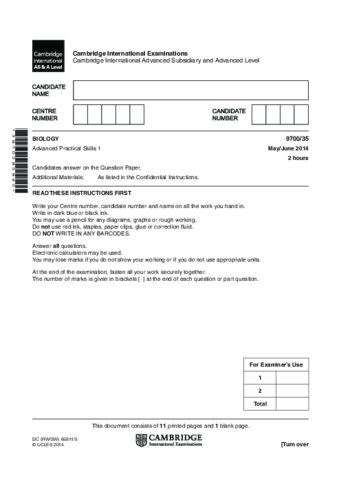 Paper 4, Variant 1, May June 2014 | Cambridge AS - A Level Biology (9700) Past Papers