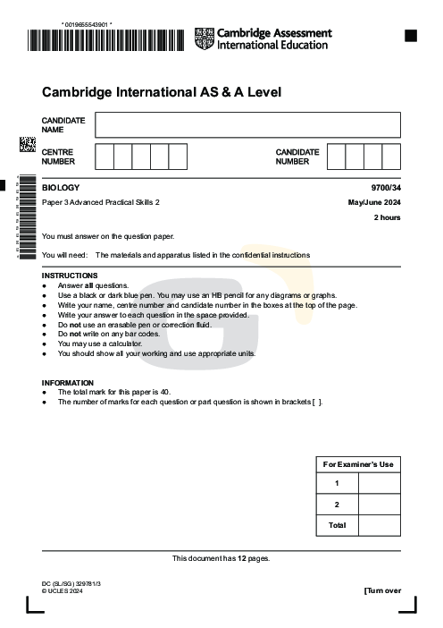 Biology 9700/34 May June 2024 | Cambridge AS Level Past Papers With Mark Scheme