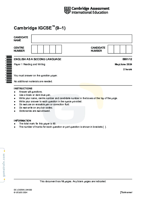 English as a Second Language 0991/12 May June 2024