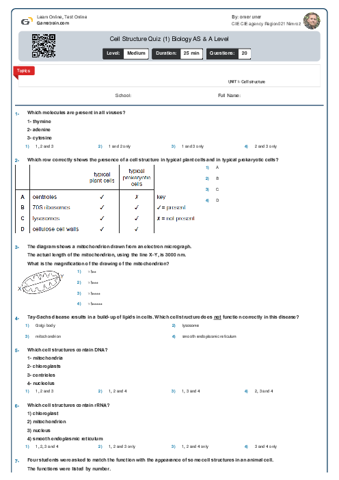 Cell Structure Quiz (1) Biology AS Level