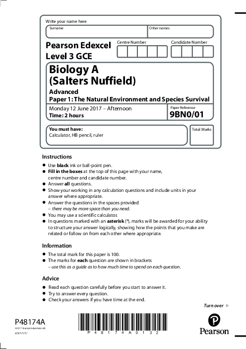  Biology (A) 9BN0/01 May June  2017 | Edexcel  A Level Past Papers With Mark Scheme
