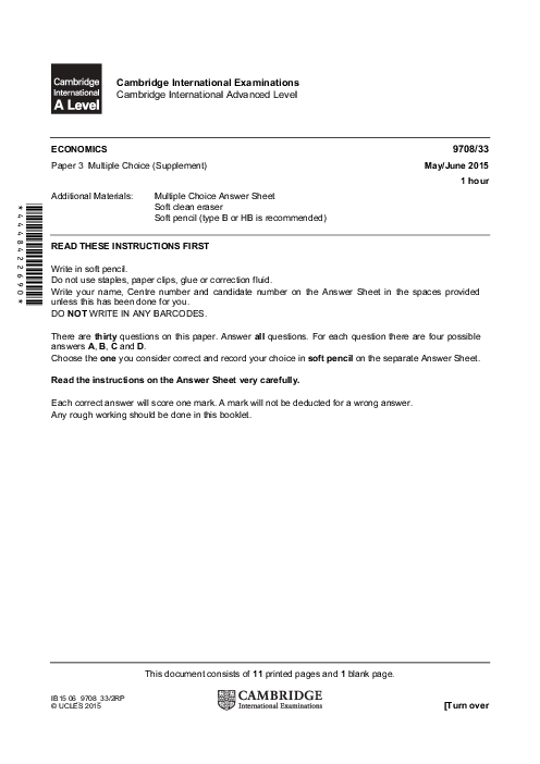 Economics 9708/31 May June 2015 | Cambridge AS Level Past Papers With Mark Scheme