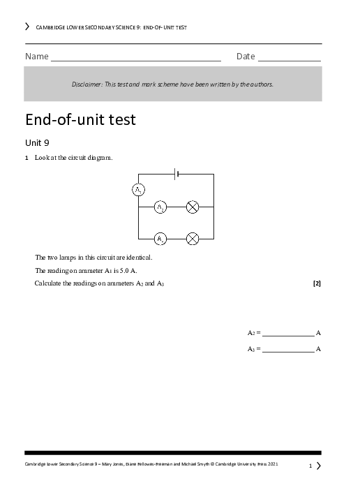 Cambridge Year 9 Science End of Unit 9 Test - Answers Included
